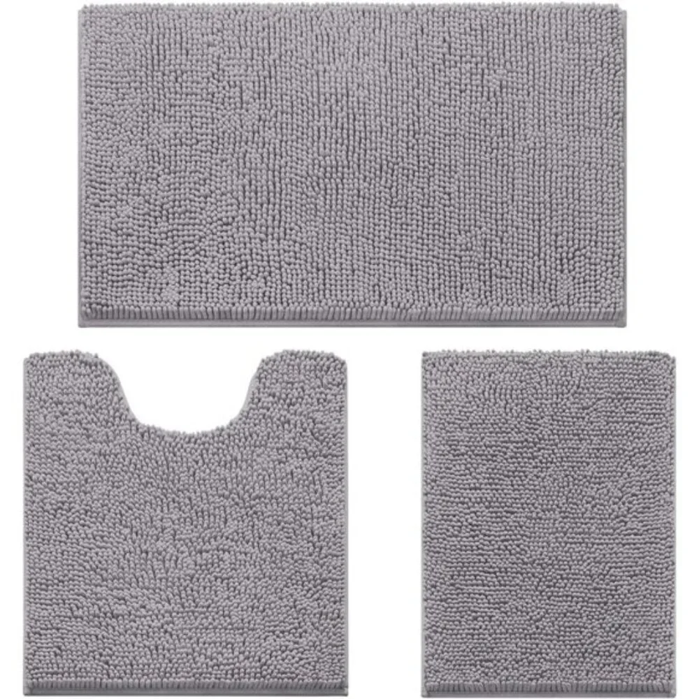 New 3-Piece Grey Bathroom Rug Set, Ultra Soft, Non-Slip, Absorbent Chenille Mats